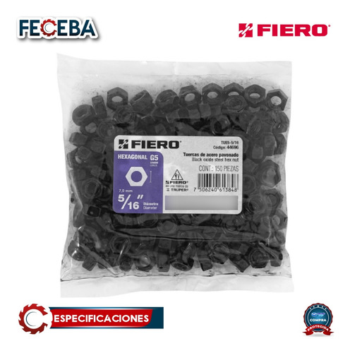 Bolsa Con 150 Tuercas 5/16 Hexagonales Pavonadas 44696