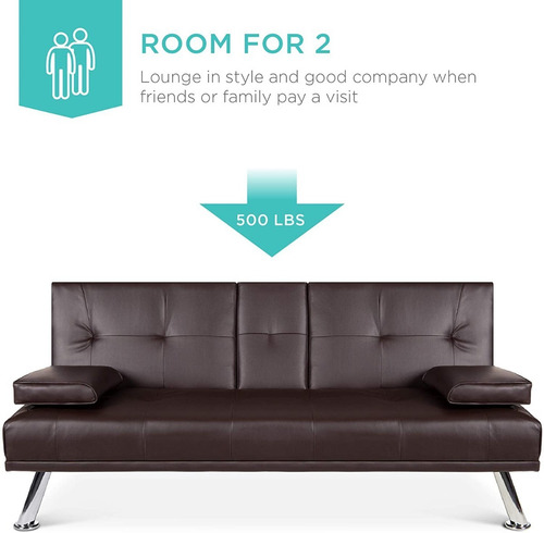 Sofa Cama Futon Plegable Piel Sintetica Marron Portavasos