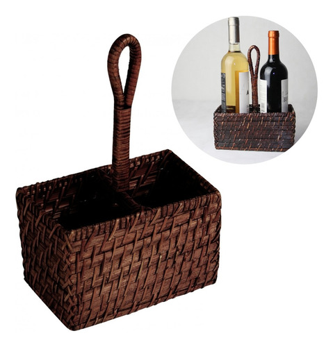 Porta Vinho Rattan 2 Lugares Bambu Marrom Rústico Mundiart