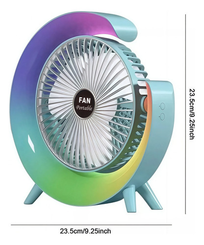 Ventilador De Escritorio Portátil Recargable Usb Con Luz Rgb 23.5 Cm 50 Azul Blanco Plástico 3