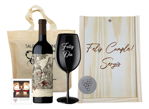 Box Madera Vino Malbec Argentino +1 Copa Negra Personalizada