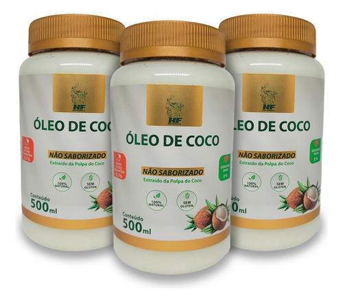 3x Oleo De Coco 500ml Orgânico Sem Sabor Sem Cheiro Hf Supl