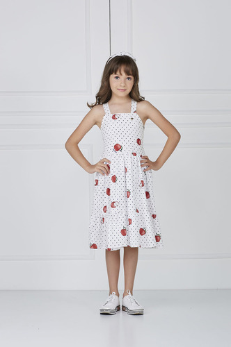 Vestido Infantil Feminino Branco Com Poá Azul Estampa Maçã