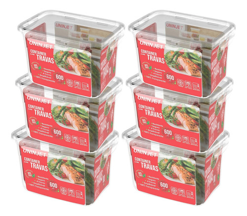 Kit 6 Pote Plástico Container Trava Resistente Pratico 600ml Cor Transparente