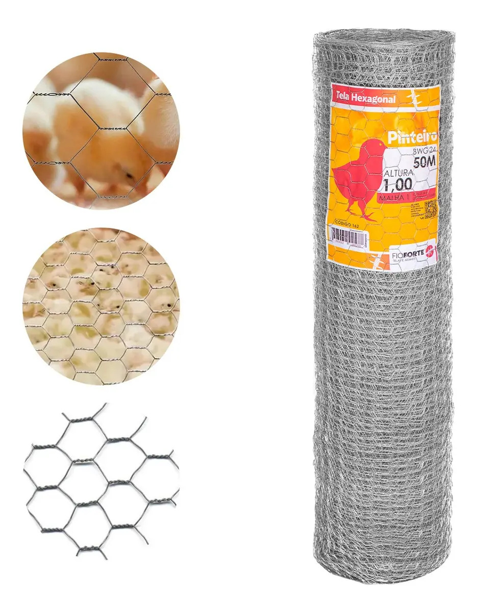 Tela Galvanizada 1,00m x 50m Fio 24 Fio Forte Para Pinteiro 0,56mm