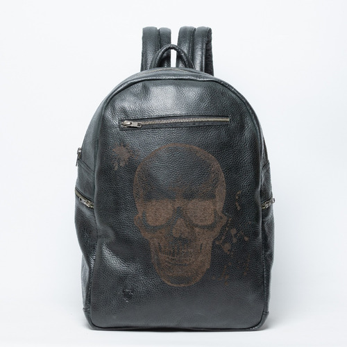 Backpack Skull Urbana 100% Cuero Con Grabado Frontal A Laser Negro Cuero