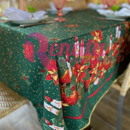 Toalha De Mesa Natal Natalina 8 Lugares Gliter Víes Dourado Cor Green Merry