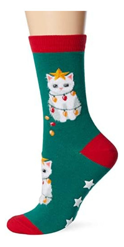 Hot Sox Womens Fuzzy Christmas Tree Cat Non Skid Crew Sock