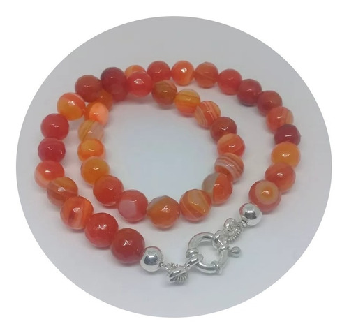 Pulsera De Piedras Ágatas Naranja Y Plata - Cierre Marinero