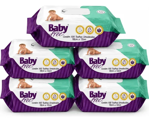 Lenços/toalhas Umedecidos Baby Free 500un Hipoalergênico Kit 5 Pacotes