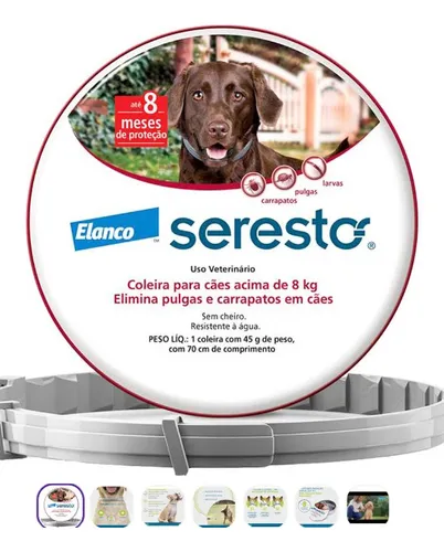 Coleira Seresto Elanco Antipulgas Cachorros Gatos +8kg 1unid Cor Cinza
