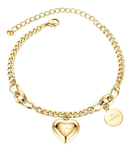 Pulsera Personalizada Grabado Corazon 3d Acero Titanio Color Oro Diámetro 18 cm