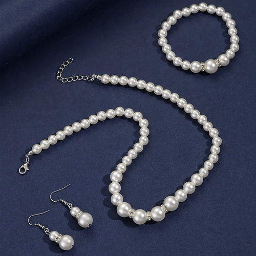 Collar Largo De Perlas, Pendientes Y Pulsera Para Disfraz
