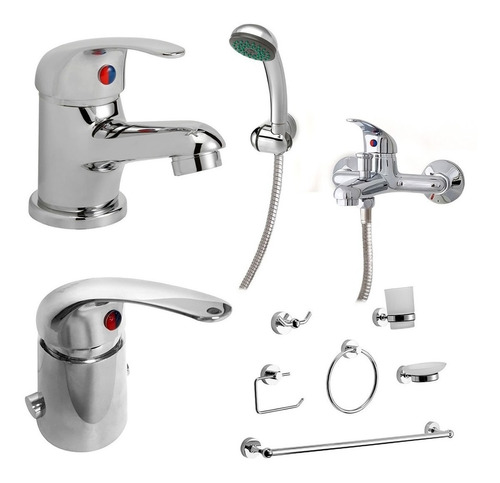 Set Griferia Para Baño Monocomando Peirano Lugo Lavatorio + Bidet + Ducha Con Transferencia + Accesorios 3006