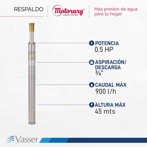 Bomba Sumergible Pozo Vasser De Motorarg 2 Bt2 Cable 0.5 Hp