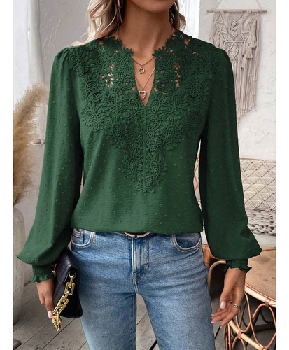Camiseta Manga Larga Encaje Con Cuello En V Moda Para Mujer