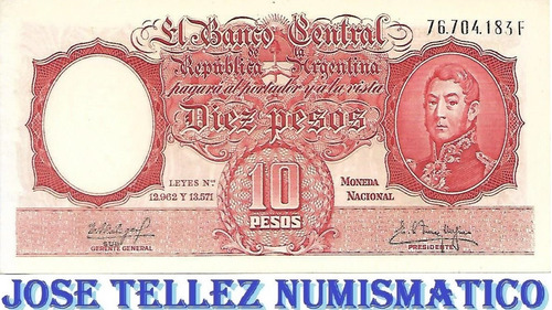 Bottero 1970 $ 10 Pesos Moneda Nacional  Serie F Unc Palermo
