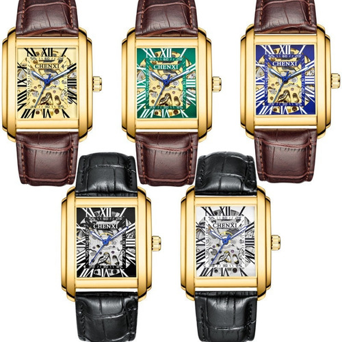 Relógios automáticos quadrados de couro impermeável Chenxi CX-8816 Cor de fundo dourado/preto