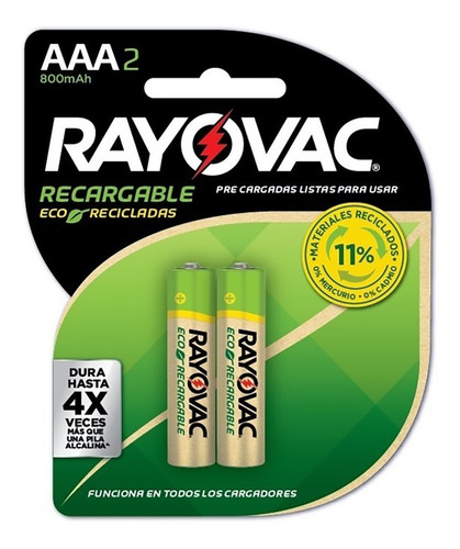 Imagen 1 de 6 de Pack 2 Pilas Recargables Rayovac Aaa 800mah Eco Recicladas