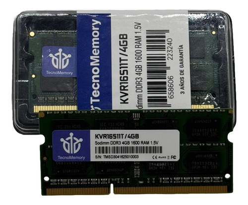 Memoria Ram Tecnomemory Sodimm Ddr3 4gb 1600 Kvr16s11t/4gb