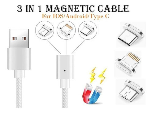 Cable Magnético 3 En 1 Lightning iPhone, Tipo C Y Micro Usb