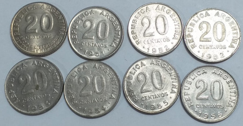 Serie 8 Monedas 20 Centavos 1950 A 1956 - Incluye 1952 Acero