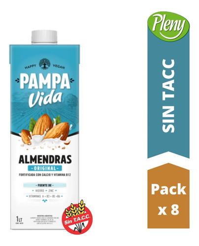 Pack X 8 Leches Almendras Original Pampa Vida 1l - Sin Tacc