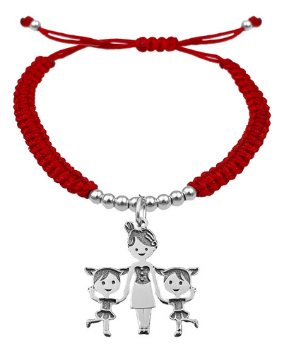 Pulsera Bolitas Mama 2 Niñas Plata 925 Roja