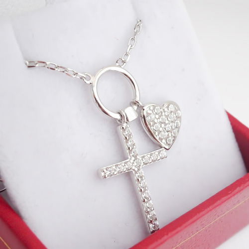 Amor Eterno - Collar Plata / Oro 24k / Cruz Corazón + Color Blanco