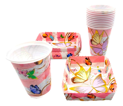 Kit Platos Y Vasos Fiesta Rosado Mariposas Encanto X12 Units