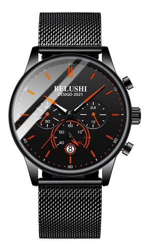 Reloj Hombre Acero Inoxidable Cronógrafo Real Fluorecente Bs Correa Punteros Rojos