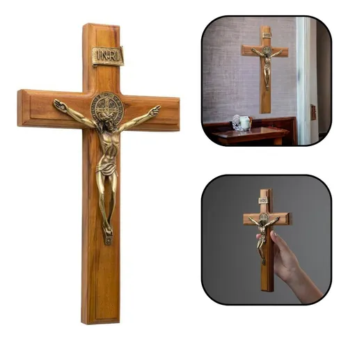 Crucifixo de Parede Armazém Católico São Bento Madeira Metal Ouro...