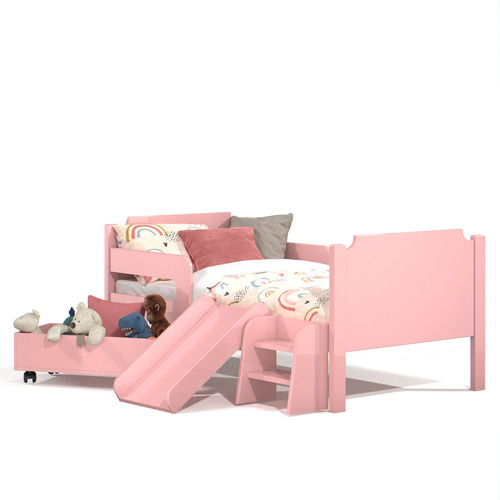 MS Móveis Casinha Escorregador mini cama bella  infantil com baú organizador montessoriana cor rosa