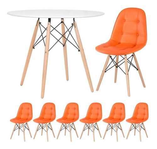 Mesa Jantar Eames 90 Cm 6 Cadeiras Estofada Botone Coloridas Cor Laranja