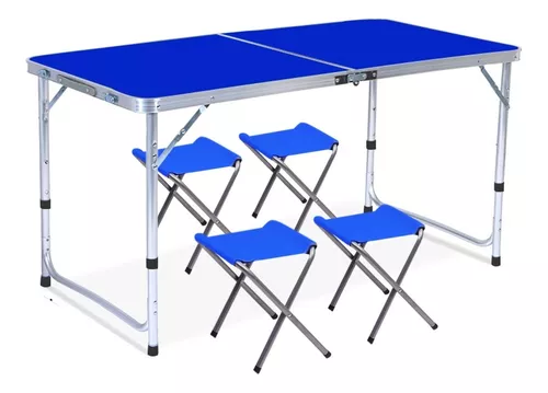 Mesa Plegable Tipo Portafolio 1.20 M Con 4 Sillas Portátiles Azul