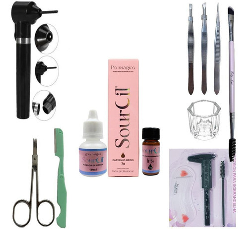 Kit Sourcil Henna Profissional Pincel Navalha Tesoura Dappen Cor Castanho Médio