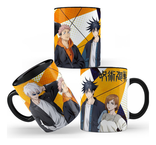 Caneca Jujutsu Kaisen Gojo Itadori Megumi Produto Geek Otaku Preto Jujutsu Kaisen