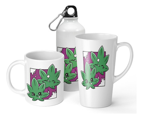 Set De Taza + Botella + Taza Conica Hierbas Fumonas Regalo