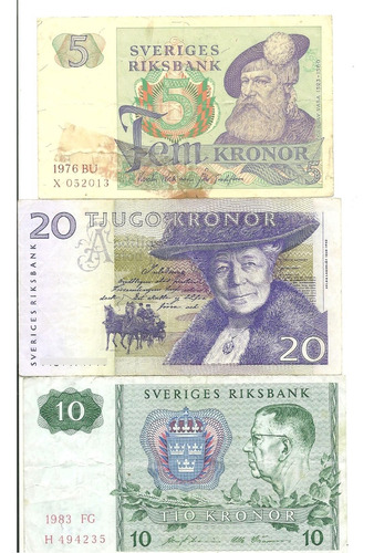 Suecia: Lote 3 Billetes De Kronor.