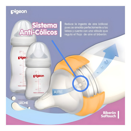 Mamadera Pigeon Softouch Vidrio Boca Ancha 160ML. Para Edades 0+ Meses Blanco