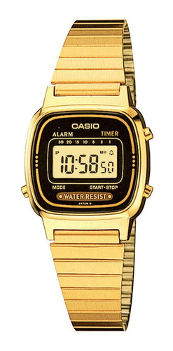 Reloj de pulsera Casio Youth LA670WGA-1 de cuerpo color dorado, digital, para mujer, fondo negro, con correa de acero inoxidable color dorado, dial negro, minutero/segundero negro, bisel color dorado y hebilla de gancho