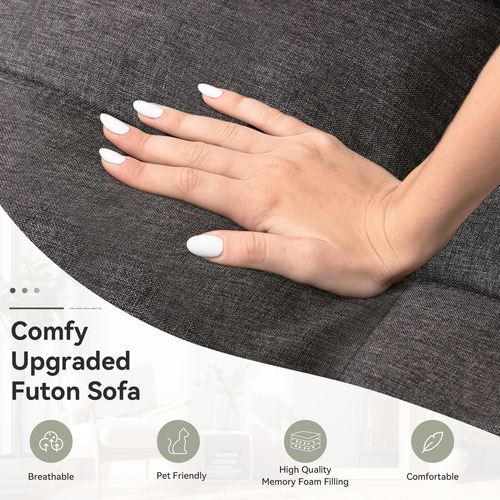 Sofá Cama Futón Convertible De Tela Lino Gris Ajustable