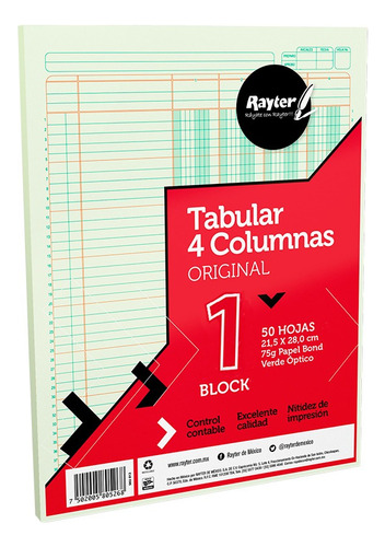Block Tabular 4 Columnas Concepto Rayter Tamaño Carta 50 Hjs