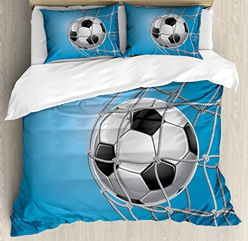 Set Funda Nórdica Fútbol En Azul Gris Para Cama Queen