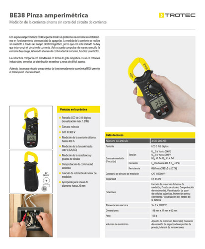 Pinza Amperometrica 400a 300vac/dc 2kohms Be38 Trotec