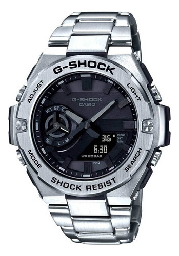 Reloj Casio G-shock GST-B500D-1A1DR *Bluetooth, correa solar resistente, color plateado, color de bisel plateado, color de fondo negro