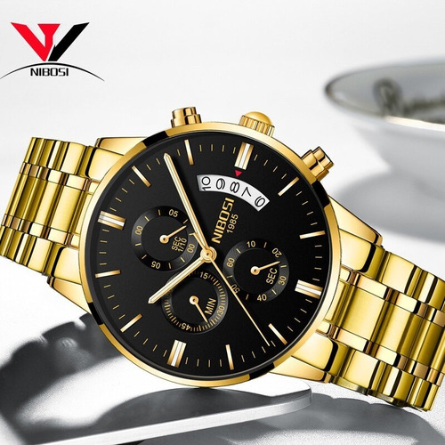 Reloj De Lujo Para Hombres Nibosi Dorado Impermeable
