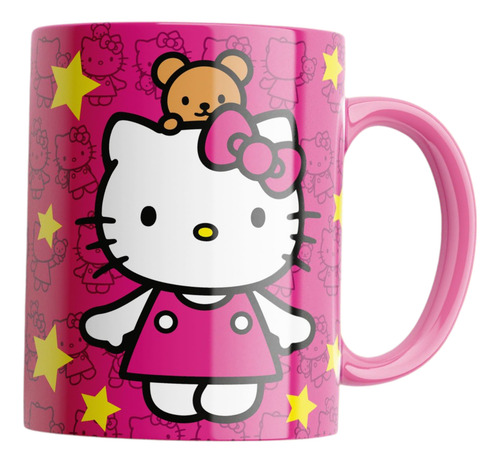 Taza Para Cafe Hello Kitty Asa Y Fondo De Color De 325ml. Blanco Asa Y Fondo Rosa Kitty Clasica