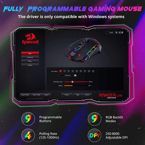 Redragon P/ Gaming Mouse Inalambrico 8000 Dpi Boton Fuego Negro.