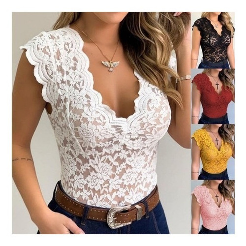 Body Sin Mangas Sexy Con Cuello En V Para Mujer Encaje Solid